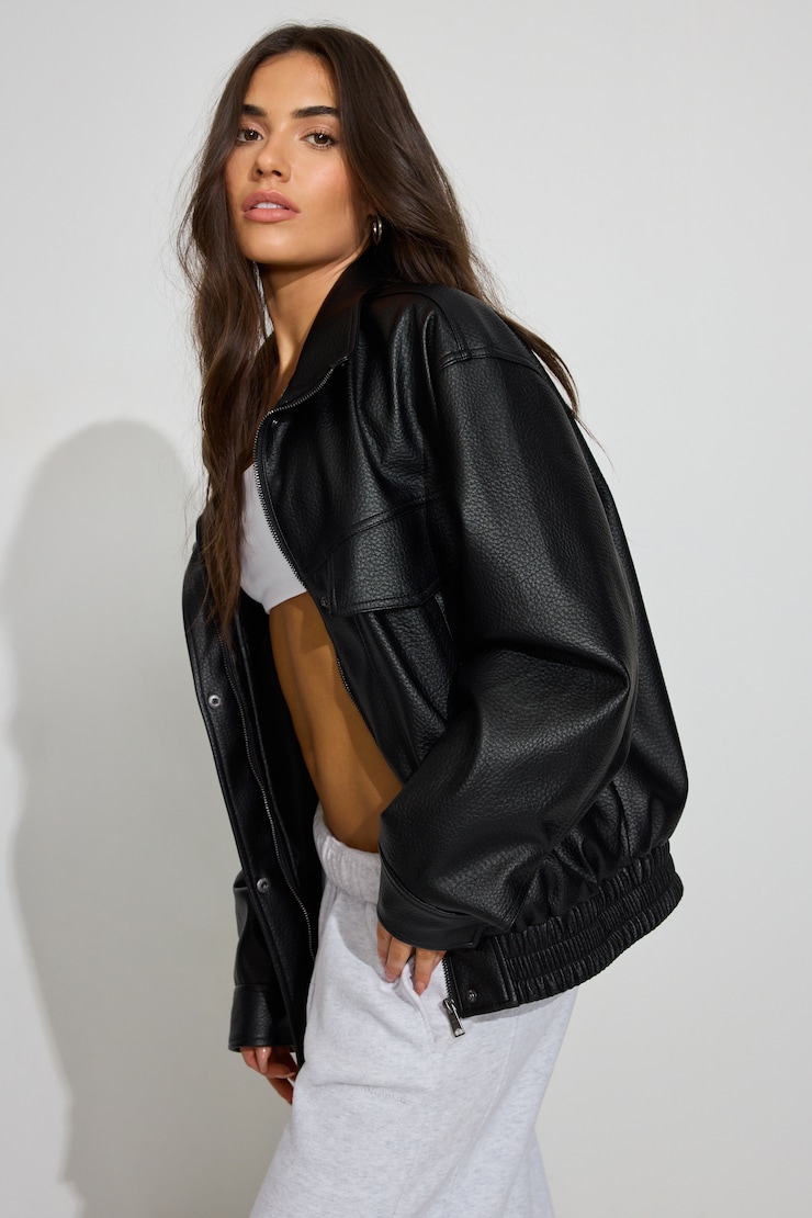 Oversized Faux Leather Bomber Black
