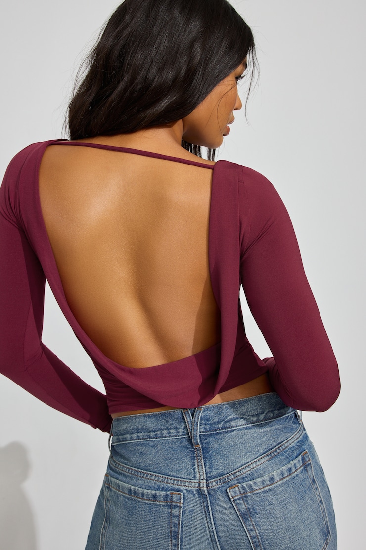 Long Sleeve Cowl Back Top Burgundy