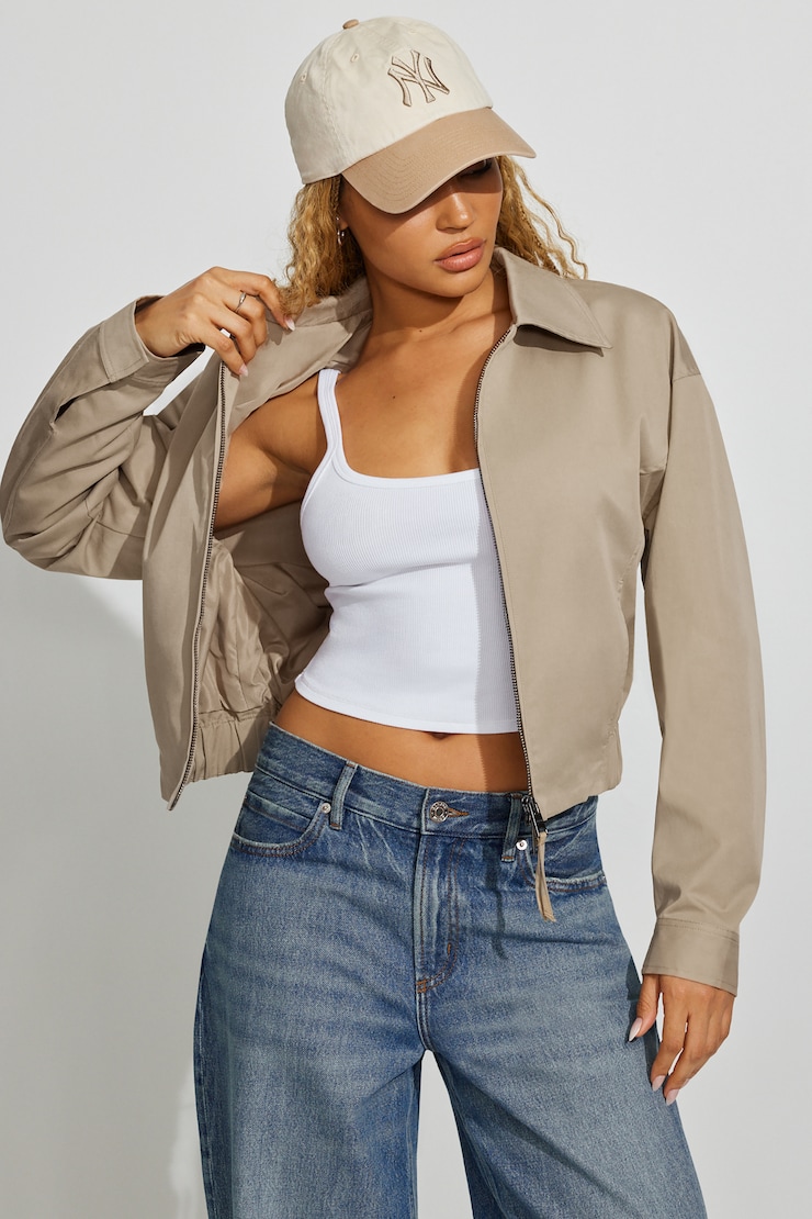Crop Twill Bomber Jacket Beige