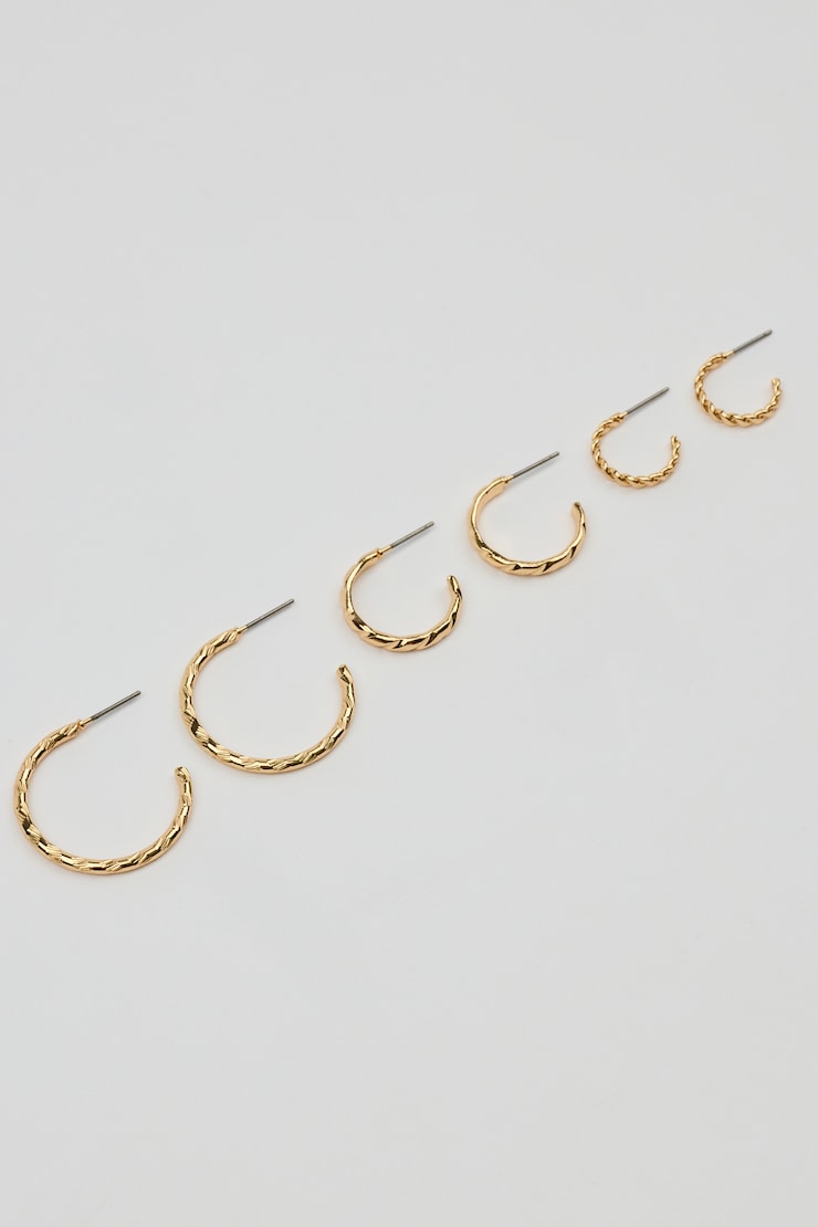 Set of 3 Textured Open Hoop Earrings Yellow